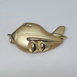 Vintage AJC Brushed & Polished Gold Tone Jumbo Airplane Brooch Plane, Nice Cond.